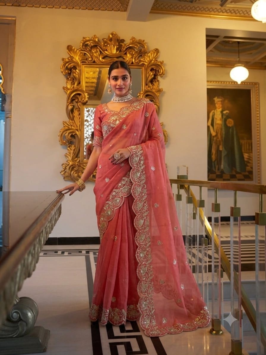 Star Georgette Sequin Work Saree with Embroidered Running Blouse