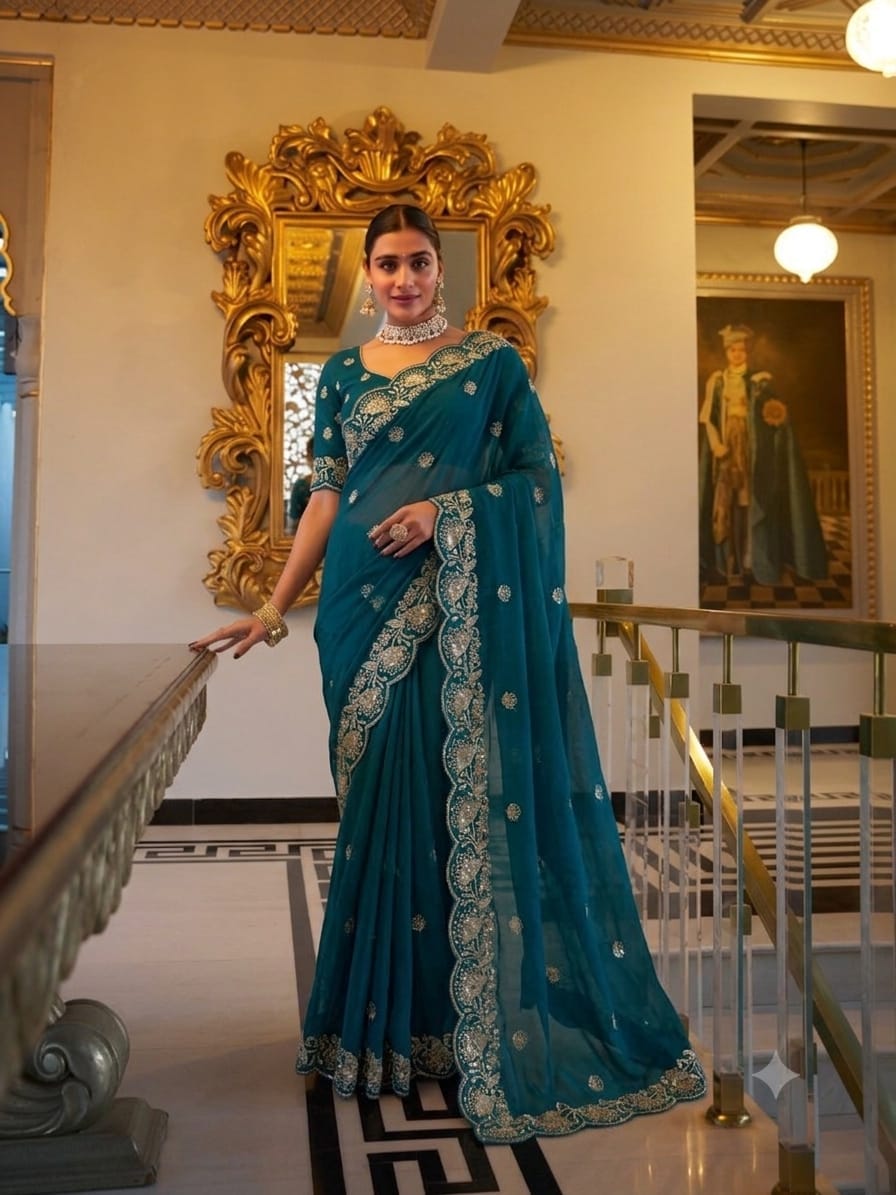Star Georgette Sequin Work Saree with Embroidered Running Blouse