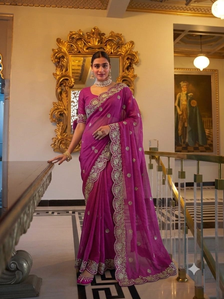 Star Georgette Sequin Work Saree with Embroidered Running Blouse