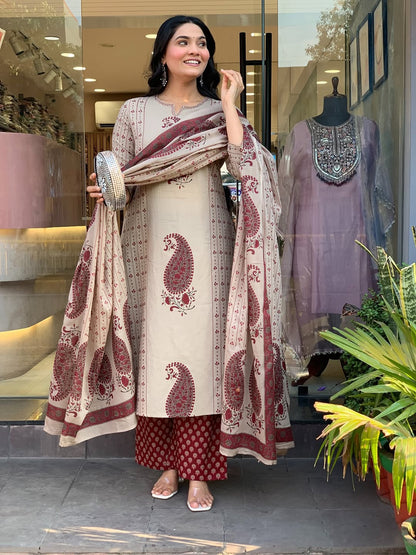 Straight Cotton Kurta 3-Piece Set with Printed Dupatta