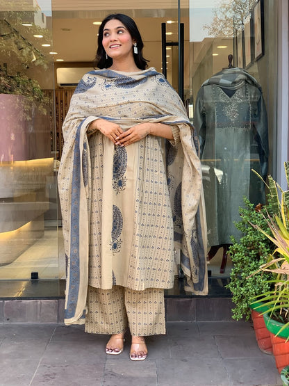 Straight Cotton Kurta 3-Piece Set with Printed Dupatta
