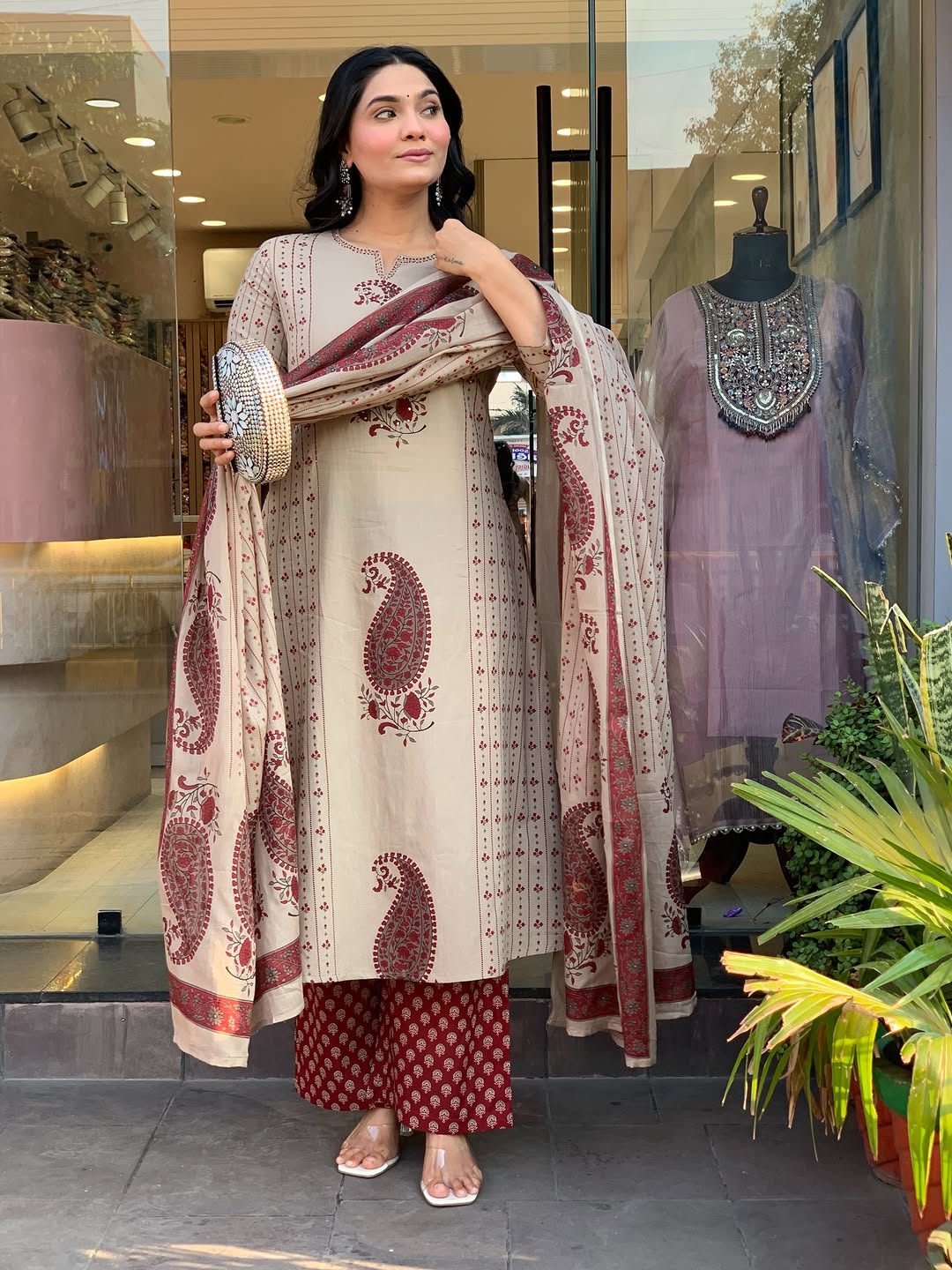 Straight Cotton Kurta 3-Piece Set with Printed Dupatta
