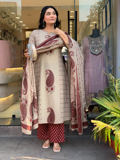 Straight Cotton Kurta 3-Piece Set with Printed Dupatta