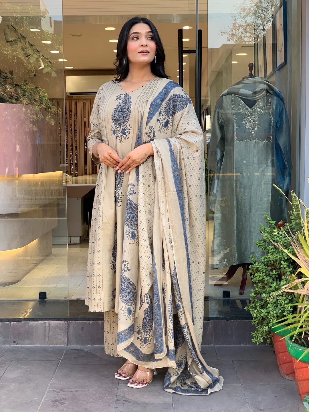 Straight Cotton Kurta 3-Piece Set with Printed Dupatta