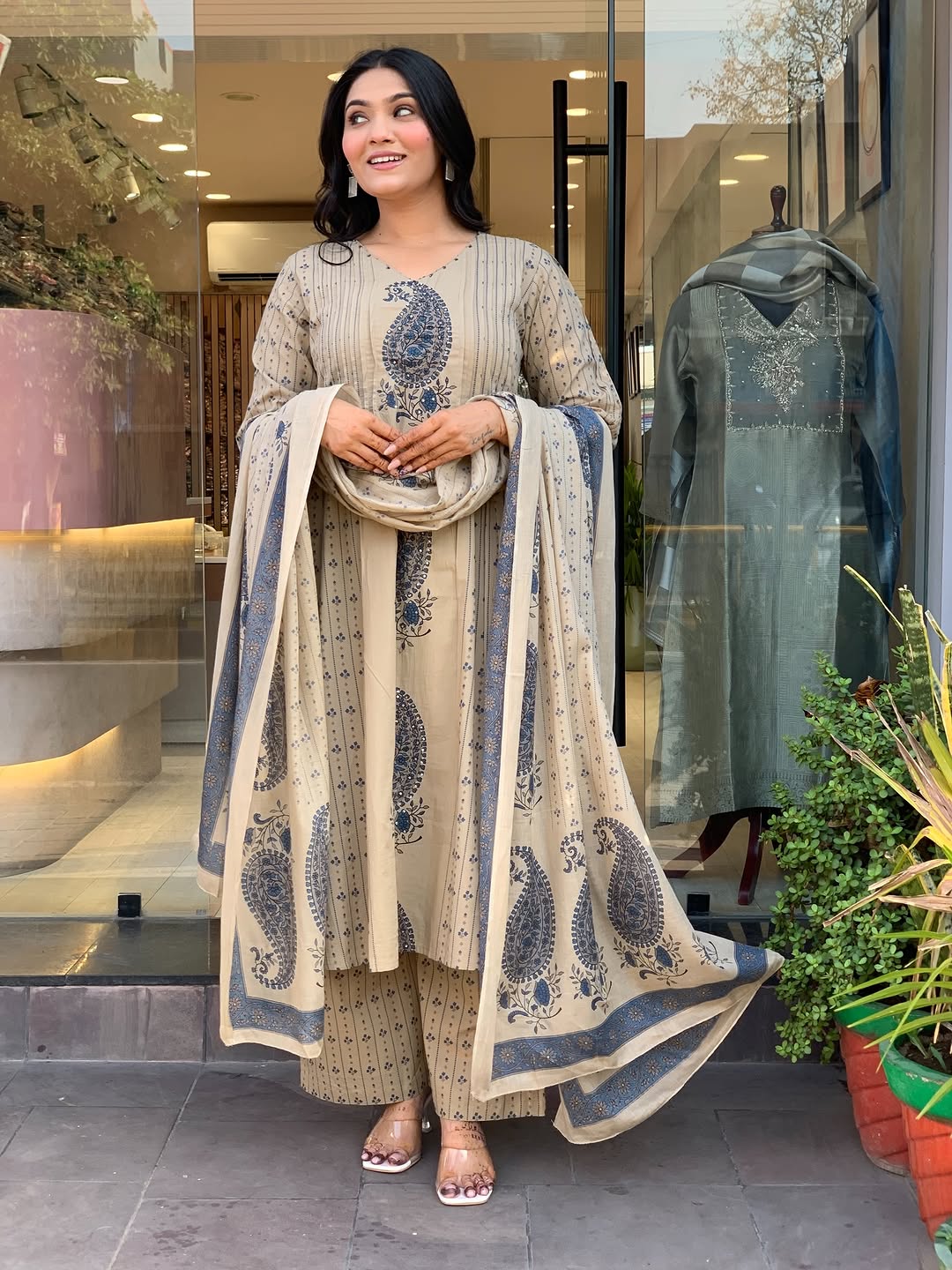 Straight Cotton Kurta 3-Piece Set with Printed Dupatta