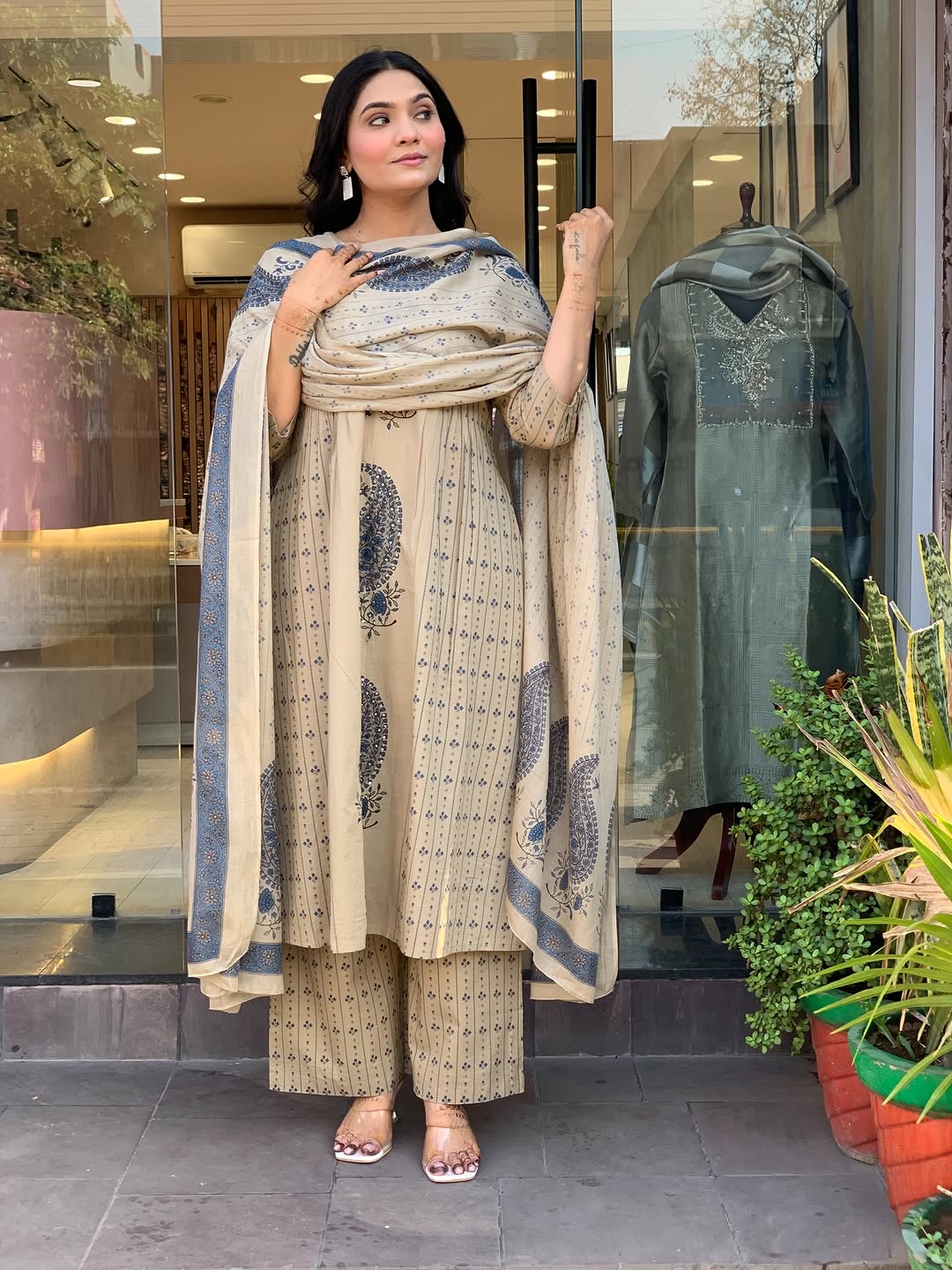Straight Cotton Kurta 3-Piece Set with Printed Dupatta