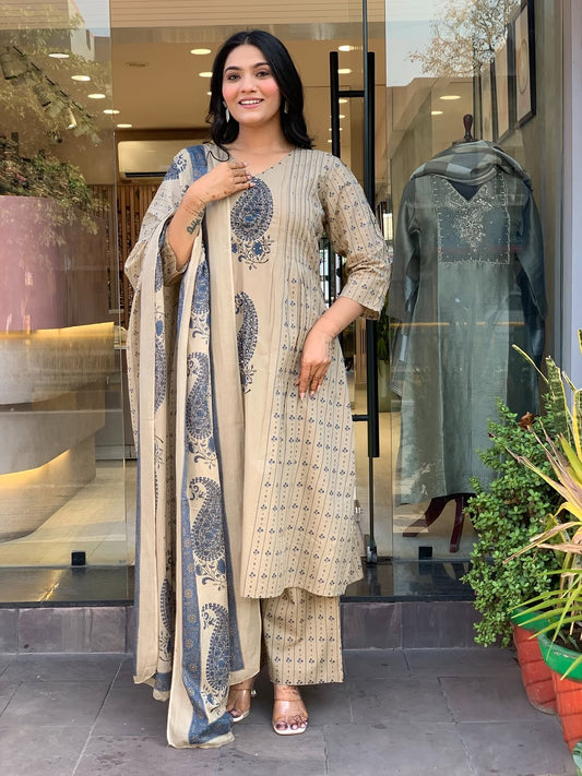 Straight Cotton Kurta 3-Piece Set with Printed Dupatta