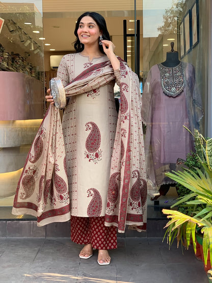 Straight Cotton Kurta 3-Piece Set with Printed Dupatta