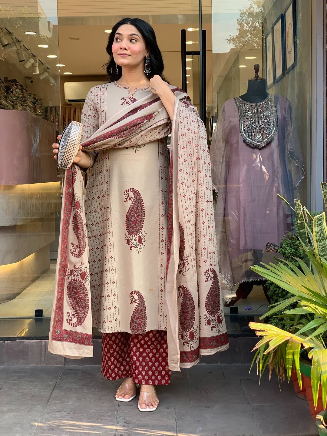 Straight Cotton Kurta 3-Piece Set with Printed Dupatta