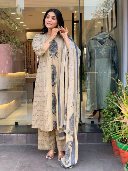 Straight Cotton Kurta 3-Piece Set with Printed Dupatta
