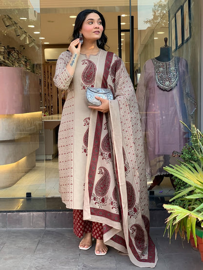Straight Cotton Kurta 3-Piece Set with Printed Dupatta