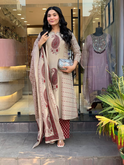Straight Cotton Kurta 3-Piece Set with Printed Dupatta