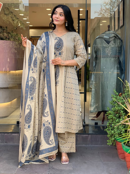 Straight Cotton Kurta 3-Piece Set with Printed Dupatta