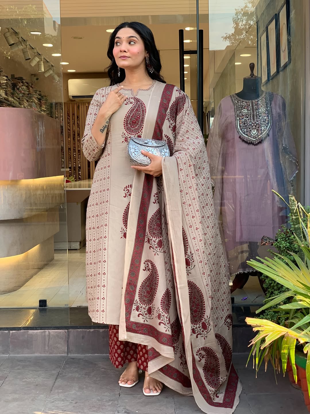Straight Cotton Kurta 3-Piece Set with Printed Dupatta