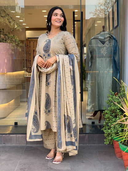 Straight Cotton Kurta 3-Piece Set with Printed Dupatta