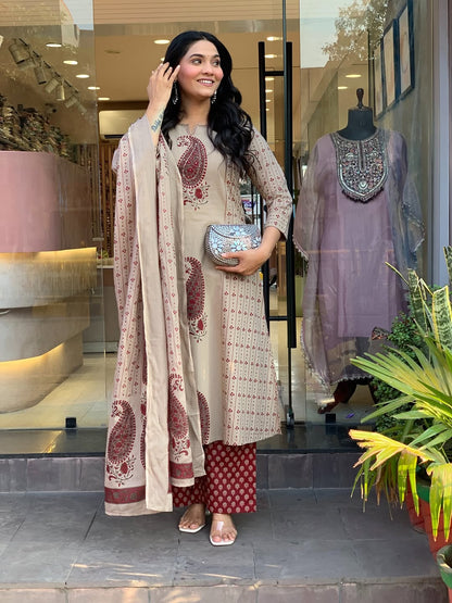 Straight Cotton Kurta 3-Piece Set with Printed Dupatta