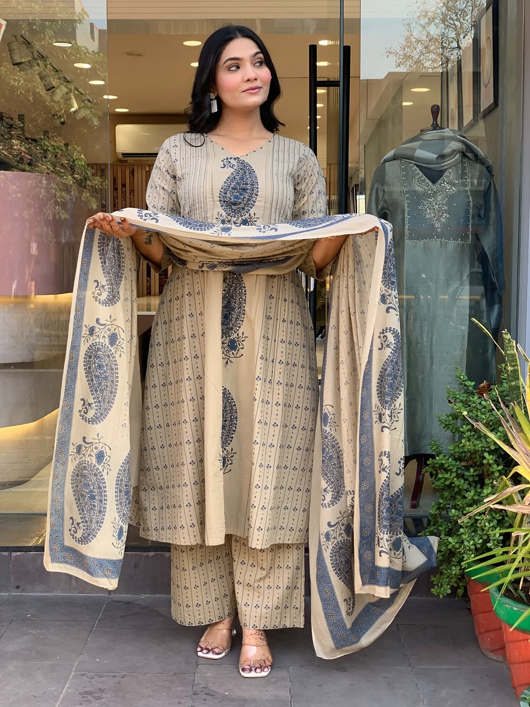 Straight Cotton Kurta 3-Piece Set with Printed Dupatta