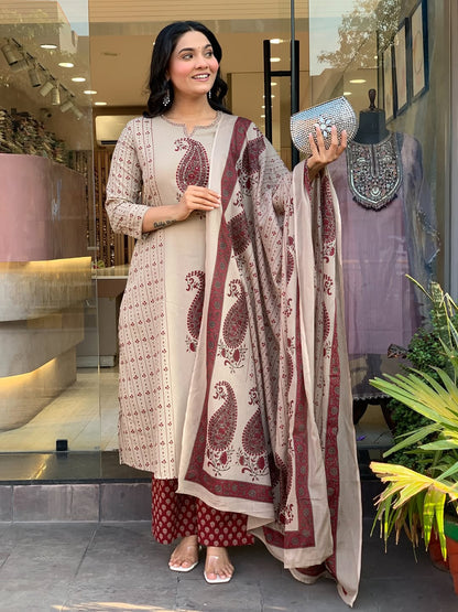 Straight Cotton Kurta 3-Piece Set with Printed Dupatta