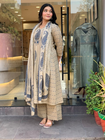 Straight Cotton Kurta 3-Piece Set with Printed Dupatta
