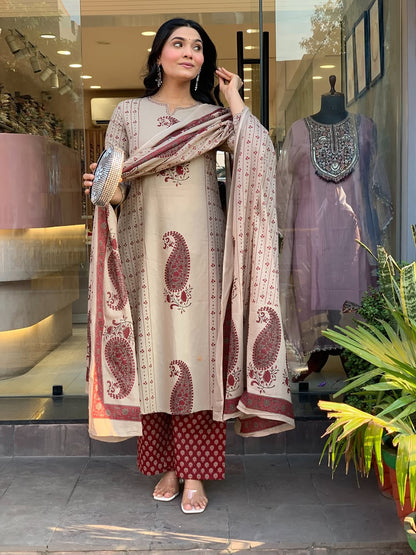 Straight Cotton Kurta 3-Piece Set with Printed Dupatta