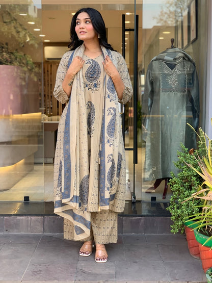 Straight Cotton Kurta 3-Piece Set with Printed Dupatta