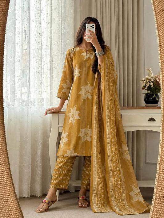 Straight Kurta 3-Piece Set with Machine Print & Embroidery Work