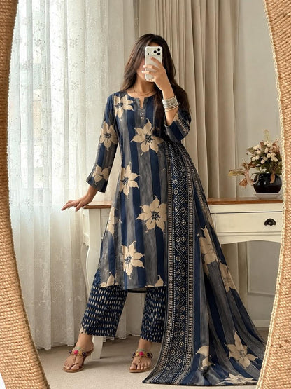 Straight Kurta 3-Piece Set with Machine Print & Embroidery Work