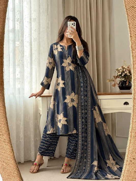 Straight Kurta 3-Piece Set with Machine Print & Embroidery Work