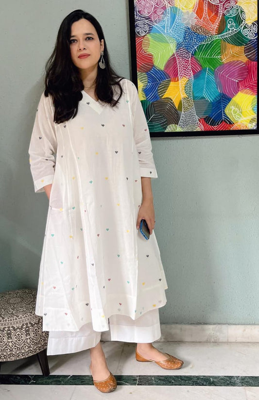 Taj Cotton White Kurti Palazzo Set with Side Pocket