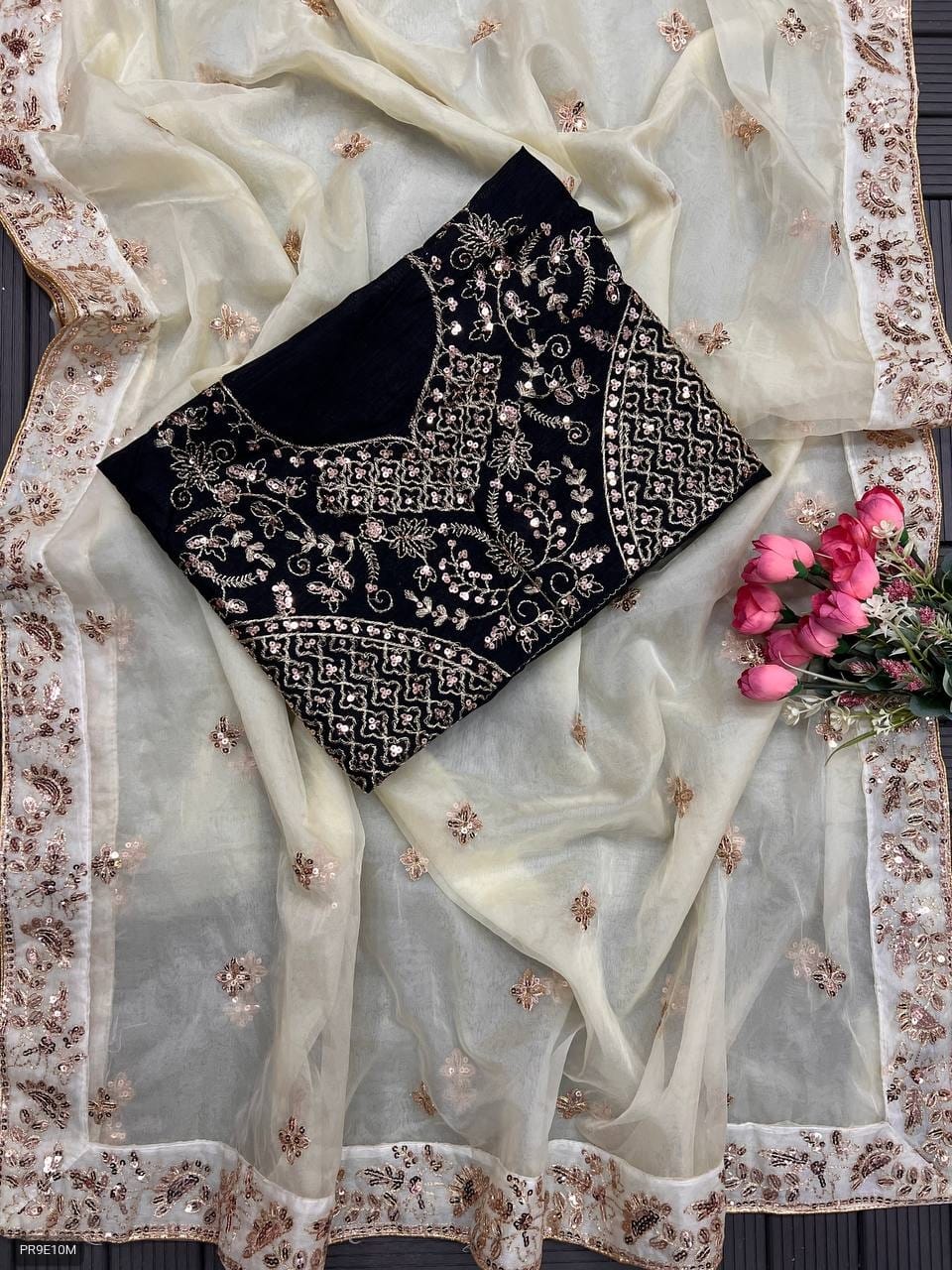 TB Organza Saree with Thread Zari & Sequin Border + Banglory Silk Blouse