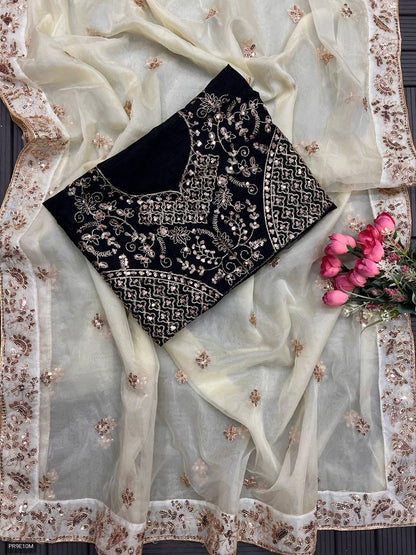 TB Organza Saree with Thread Zari & Sequin Border + Banglory Silk Blouse