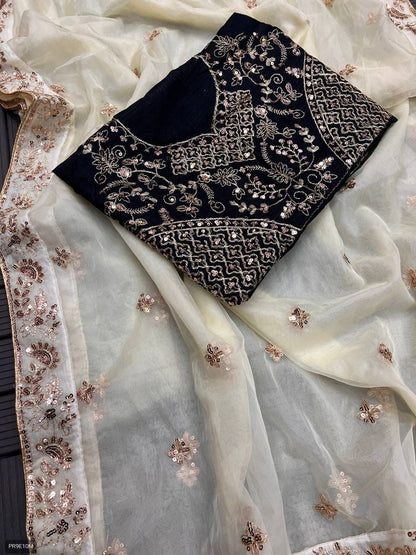 TB Organza Saree with Thread Zari & Sequin Border + Banglory Silk Blouse