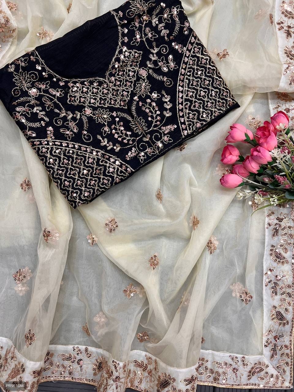 TB Organza Saree with Thread Zari & Sequin Border + Banglory Silk Blouse