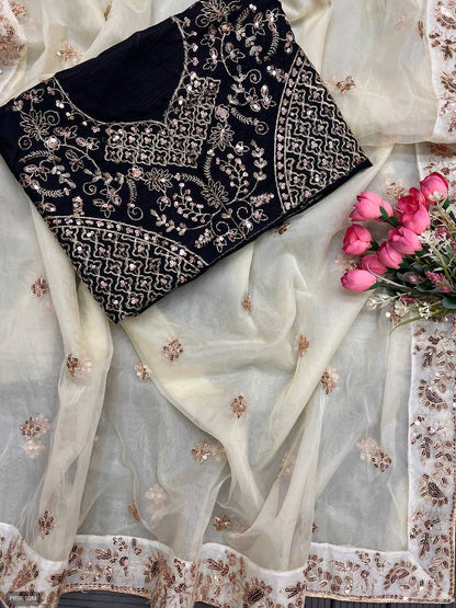 TB Organza Saree with Thread Zari & Sequin Border + Banglory Silk Blouse