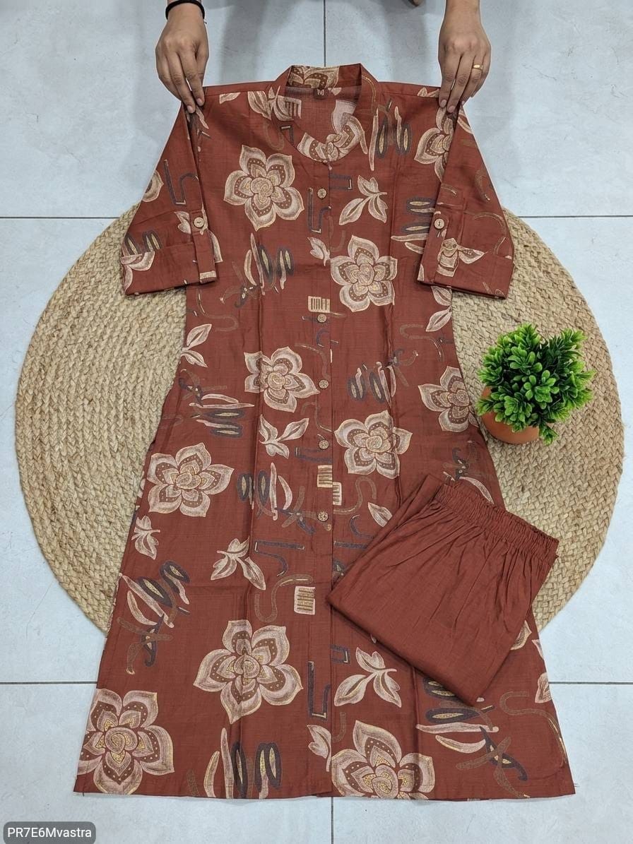 Floral Printed Textured Cotton Kurta Set with Pocket