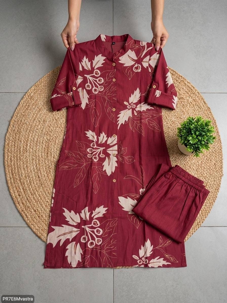 Floral Printed Textured Cotton Kurta Set with Pocket
