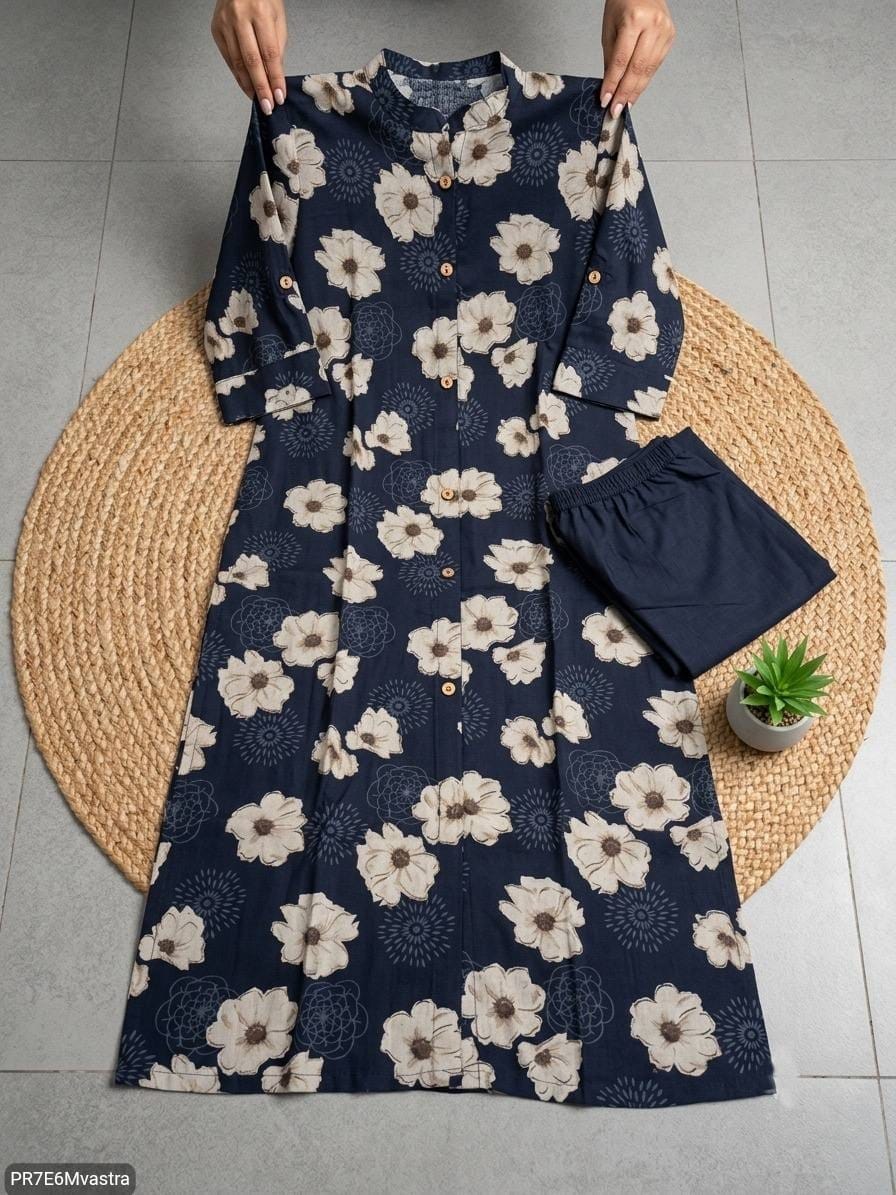 Floral Printed Textured Cotton Kurta Set with Pocket