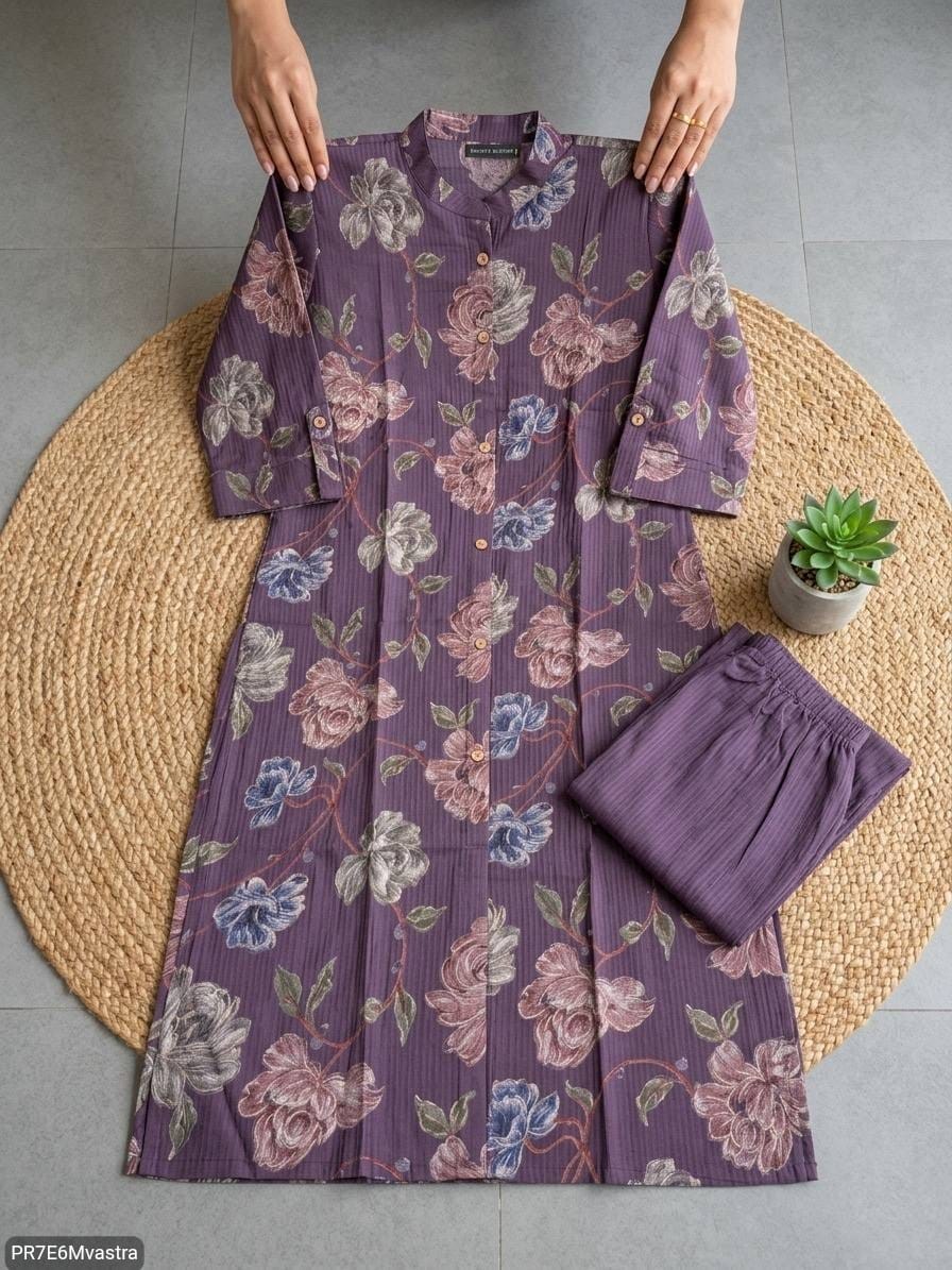 Floral Printed Textured Cotton Kurta Set with Pocket