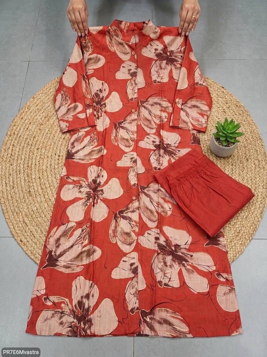 Floral Printed Textured Cotton Kurta Set with Pocket