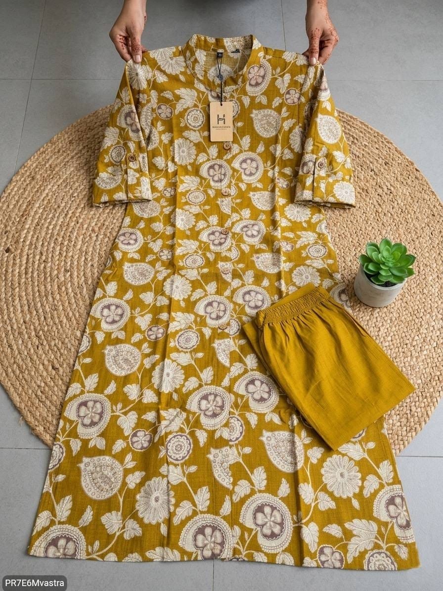 Floral Printed Textured Cotton Kurta Set with Pocket