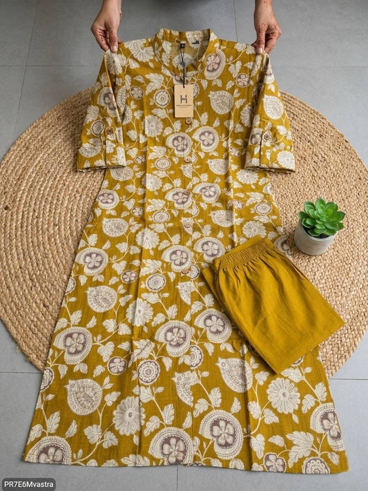 Floral Printed Textured Cotton Kurta Set with Pocket
