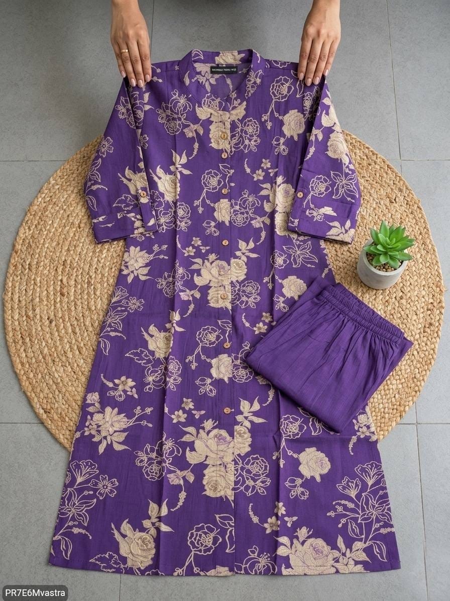 Floral Printed Textured Cotton Kurta Set with Pocket