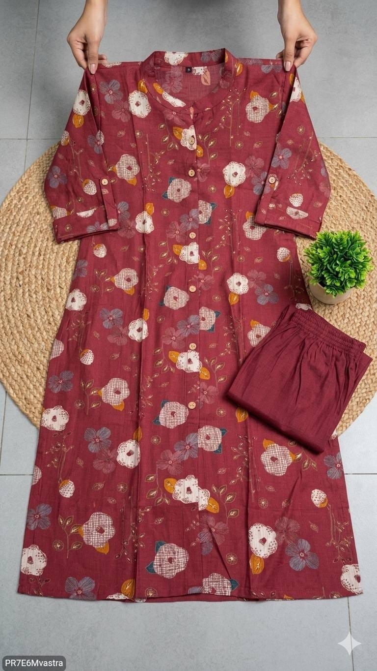 Floral Printed Textured Cotton Kurta Set with Pocket