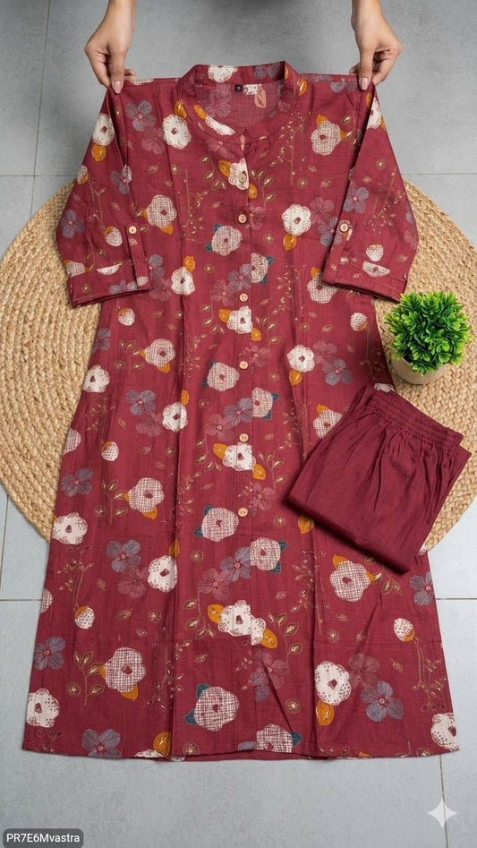 Floral Printed Textured Cotton Kurta Set with Pocket