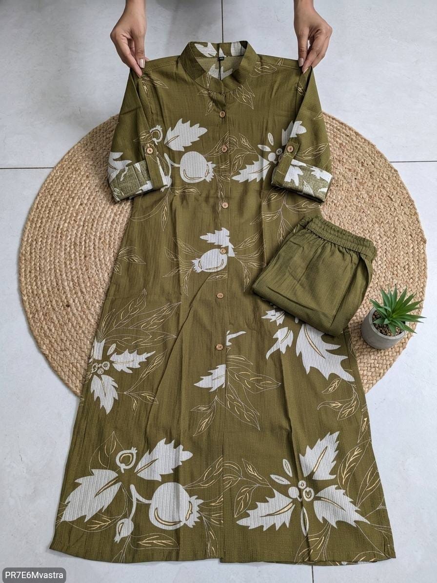 Floral Printed Textured Cotton Kurta Set with Pocket