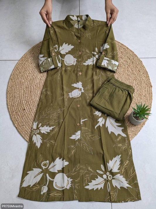 Floral Printed Textured Cotton Kurta Set with Pocket