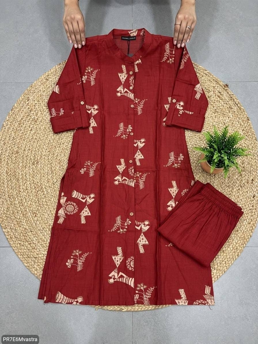 Floral Printed Textured Cotton Kurta Set with Pocket