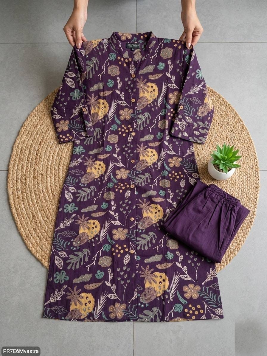 Floral Printed Textured Cotton Kurta Set with Pocket