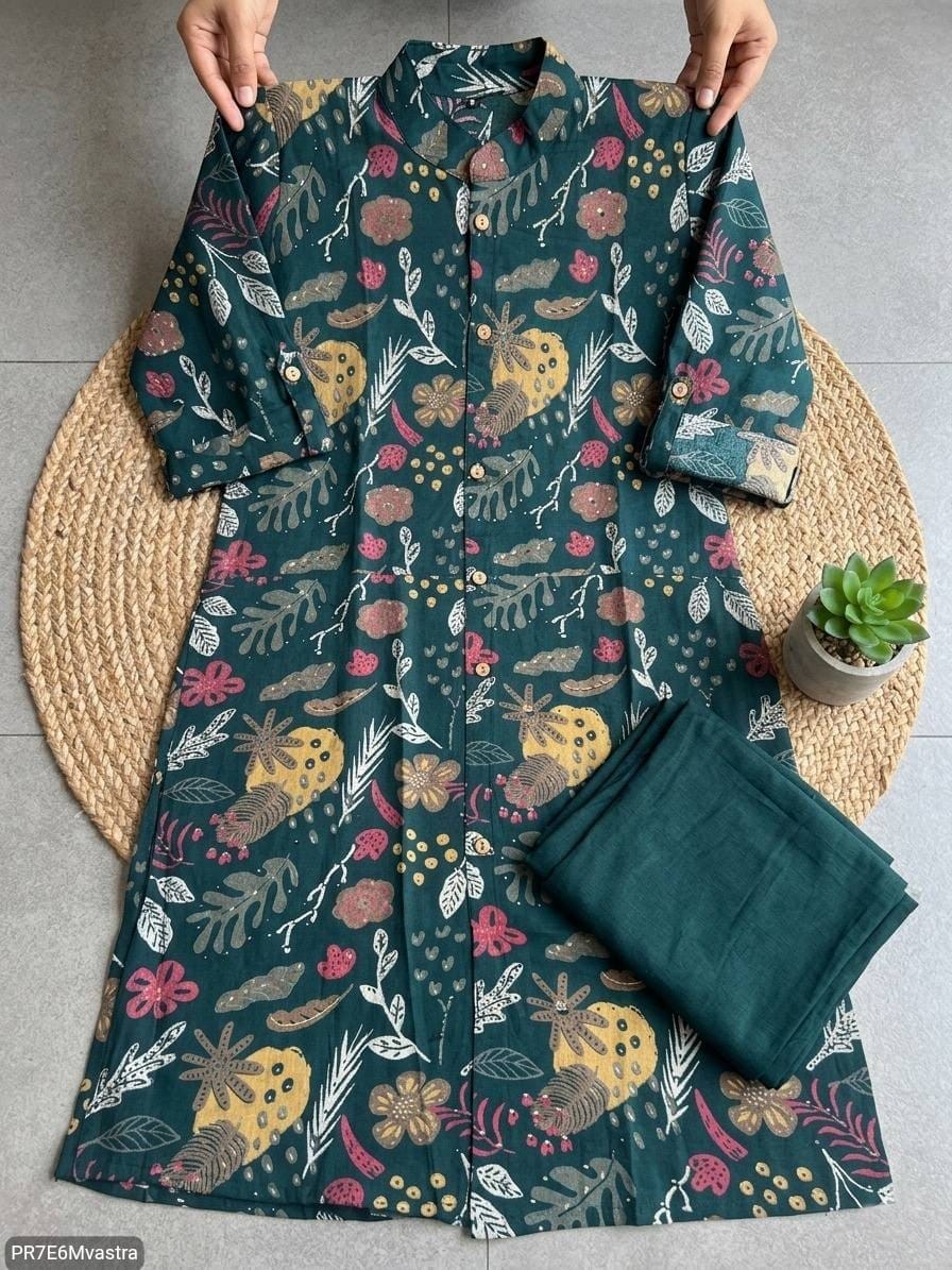 Floral Printed Textured Cotton Kurta Set with Pocket