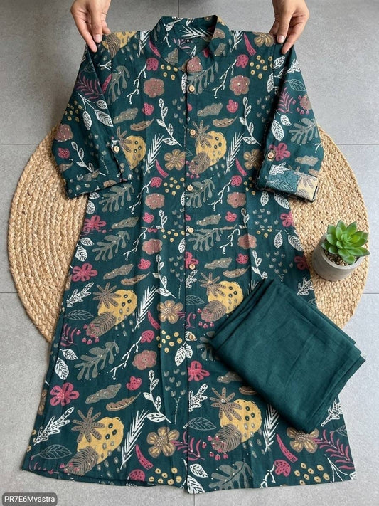 Floral Printed Textured Cotton Kurta Set with Pocket